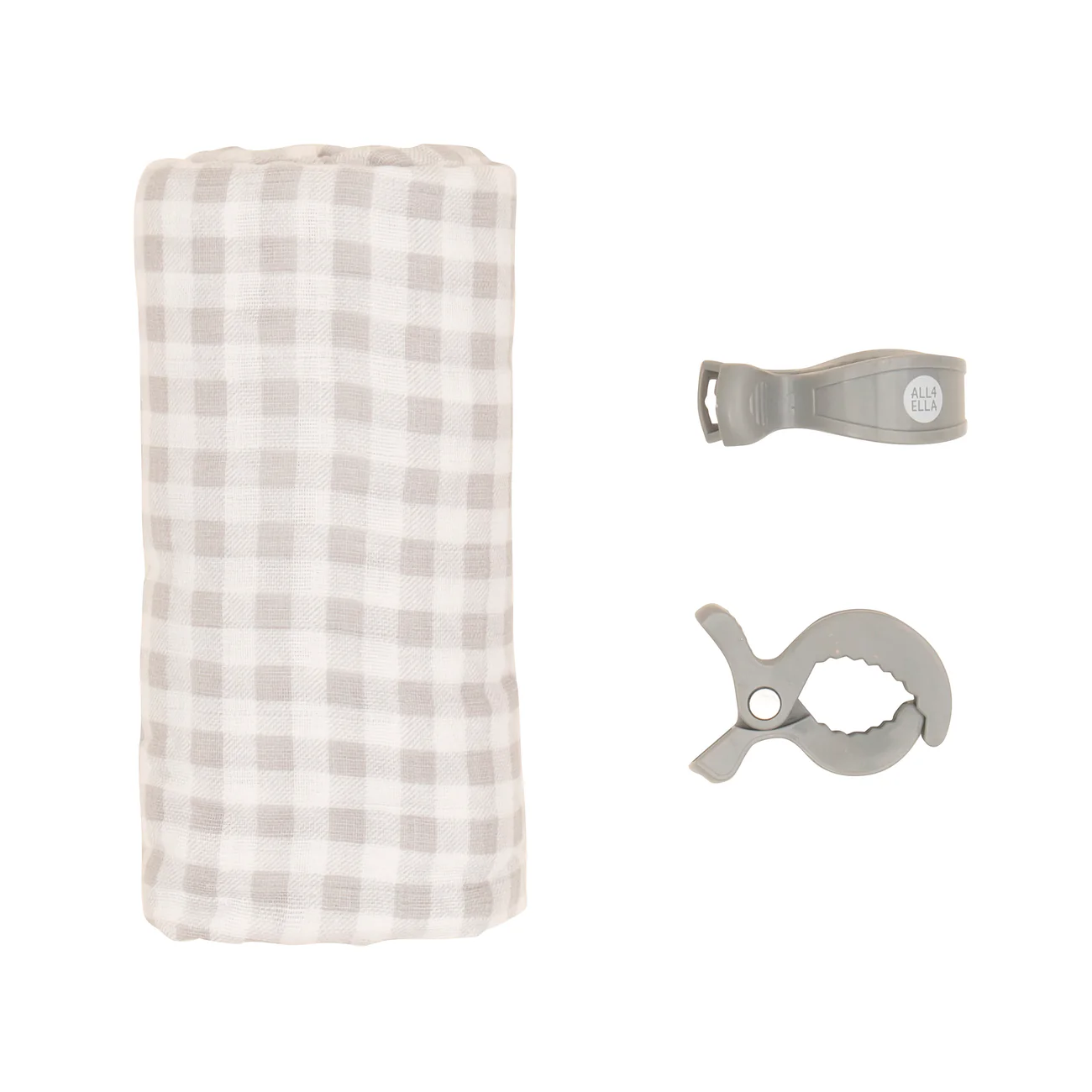 Organic Cotton Muslin Swaddle and Pram Pegs Set - Gingham Grey