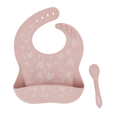 Silicone Catch Bib and Spoon Set - Dusty Pink