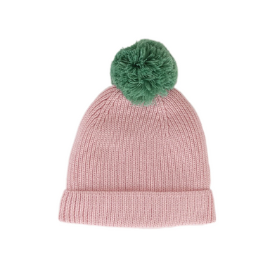 Beanie - Oslo Ribbed Pink with Green Pom