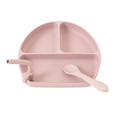 Silicone Suction Plate with Straw and Spoon - Dusty Pink