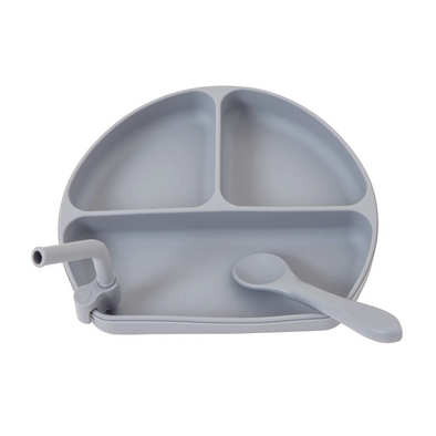 Silicone Suction Plate with Straw and Spoon - Grey