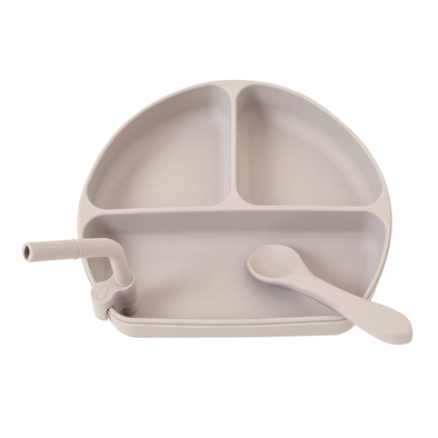 Silicone Suction Plate with Straw and Spoon - Stone