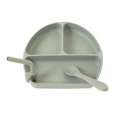 Silicone Suction Plate with Straw and Spoon - Olive