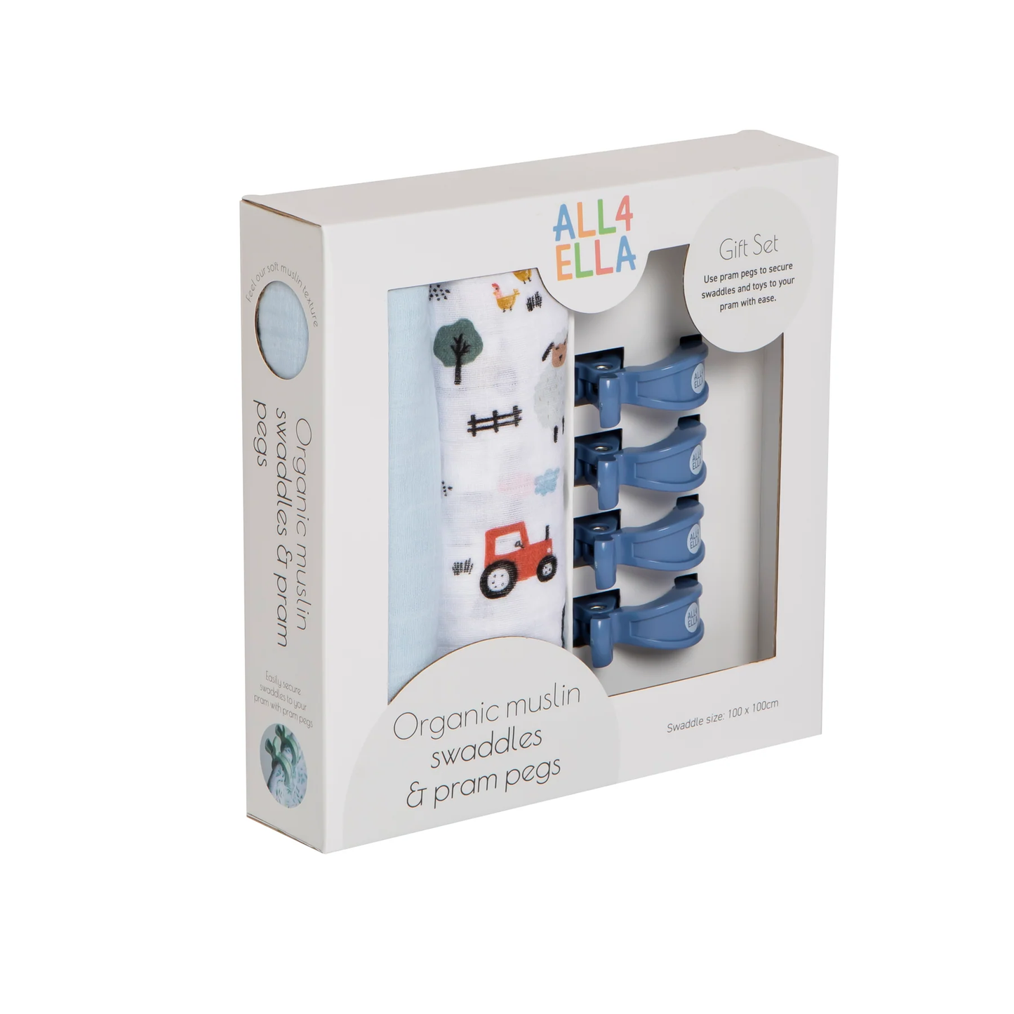 Gift Set - 2 Swaddles & 4 Pram Pegs - Barnyard