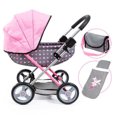 Cosy Doll Pram - Grey With Pink Spots & Pink Hood