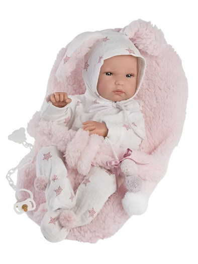 35cm Baby Doll Fluffy Pink Bunny Ears in Pink Carrier