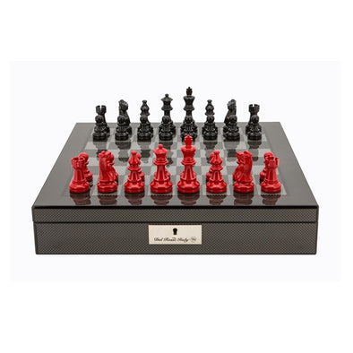 Chess Set Carbon Shiny 16"/ 40cm with Compartments & Red & Black Pieces