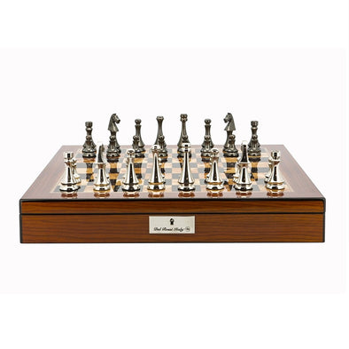 Chess Set Walnut Shiny Finish 20" With Compartments, With Metal Dark Titanium and Silver chessmen 85mm