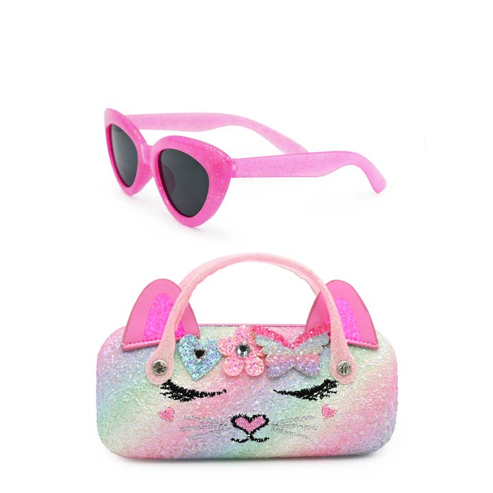 Bella Butterfly Hearts Crown Glitter Case & Sunglasses - Bubblegum