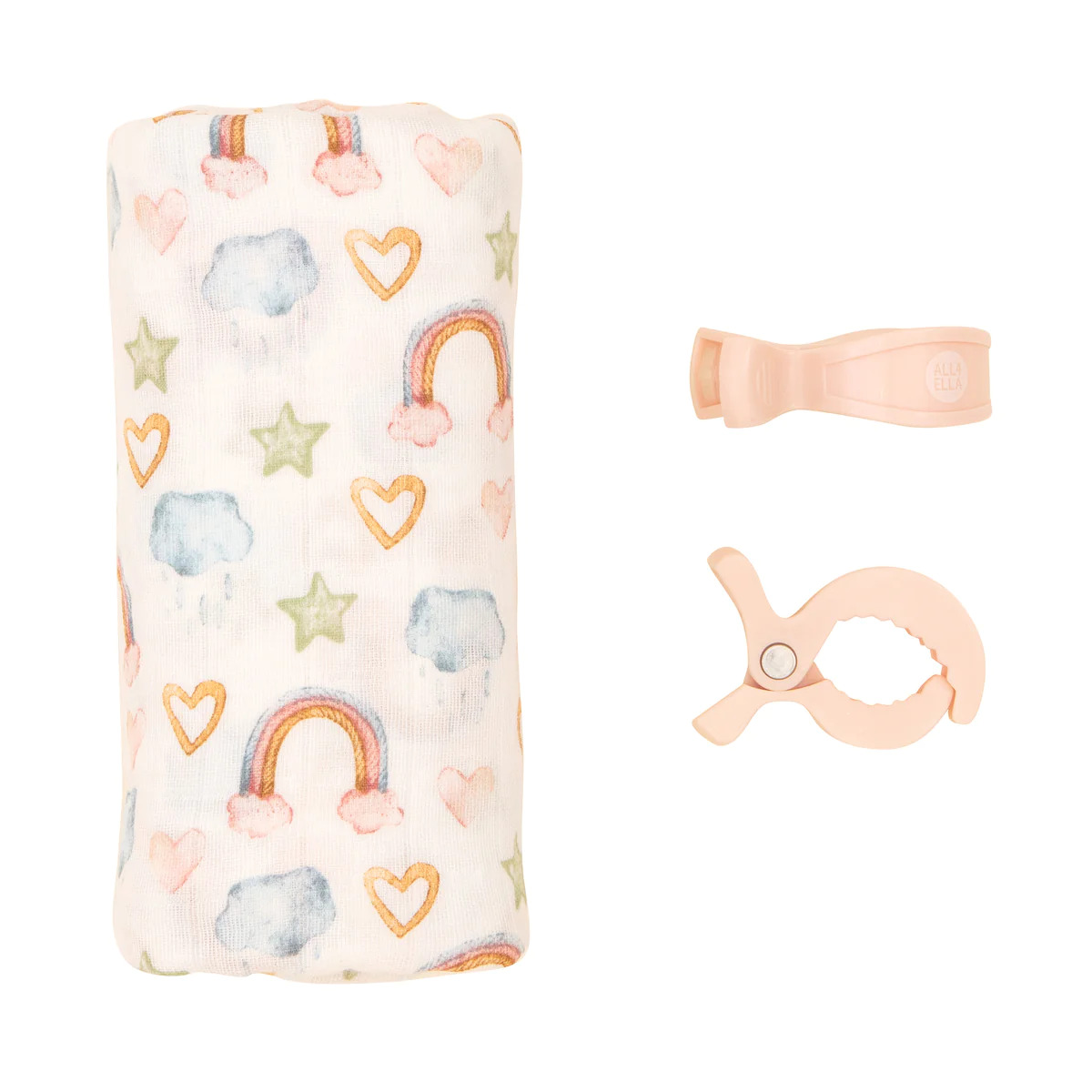 Organic Cotton Muslin Swaddle and Pram Pegs Set - Rainbow Dreams