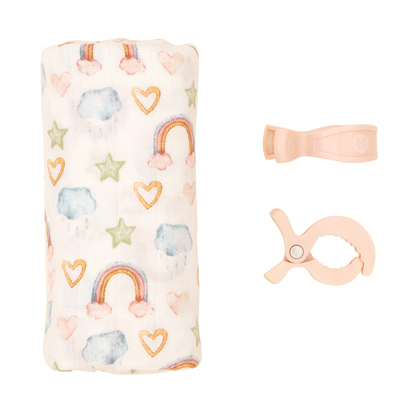 Organic Cotton Muslin Swaddle and Pram Pegs Set - Rainbow Dreams