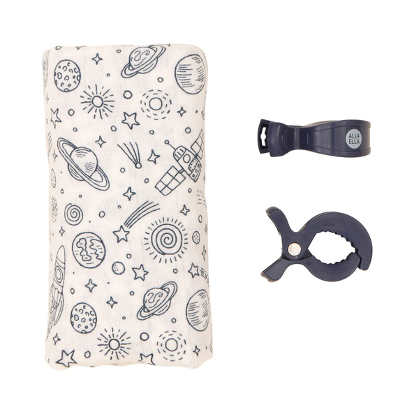 Organic Cotton Muslin Swaddle and Pram Pegs Set - Outer Space