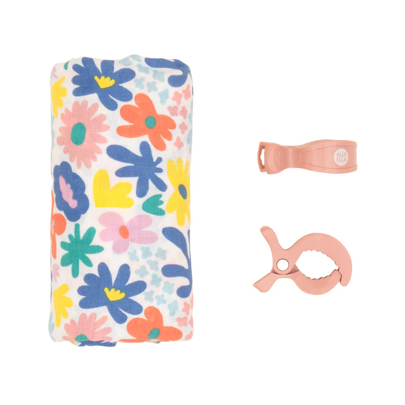 Organic Cotton Muslin Swaddle and Pram Pegs Set - Bright Floral