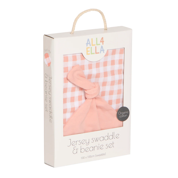 Jersey Swaddle and Beanie Set - Gingham Strawberry