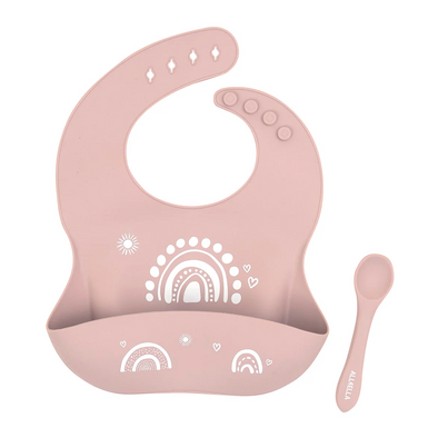 Silicone Catch Bib and Spoon Set - Rainbow Dusty Pink