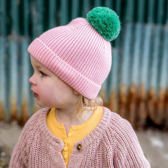 Beanie - Oslo Ribbed Pink with Green Pom