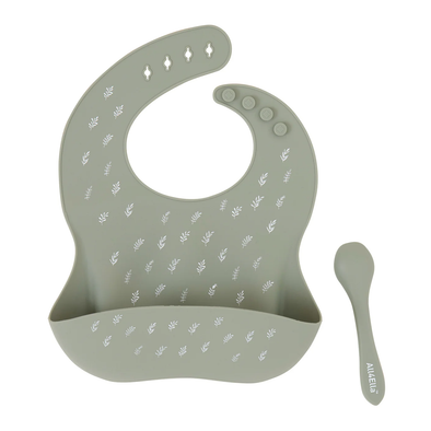 Silicone Catch Bib and Spoon Set - Olive
