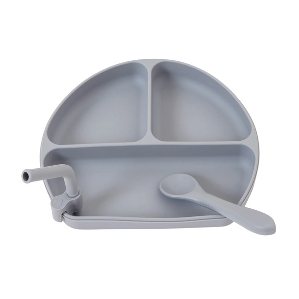Silicone Suction Plate with Straw and Spoon - Grey