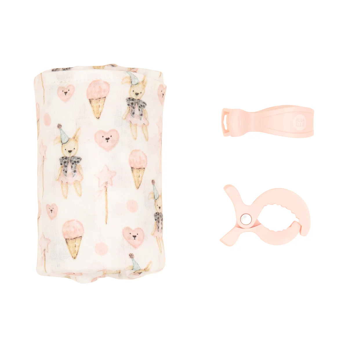 Bamboo Swaddle and Pram Pegs Set - Ice Cream & Teddy