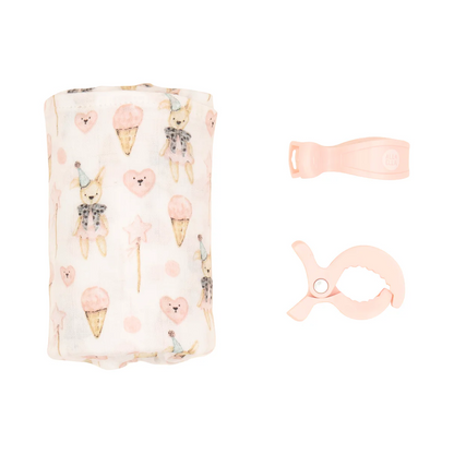 Bamboo Swaddle and Pram Pegs Set - Ice Cream & Teddy