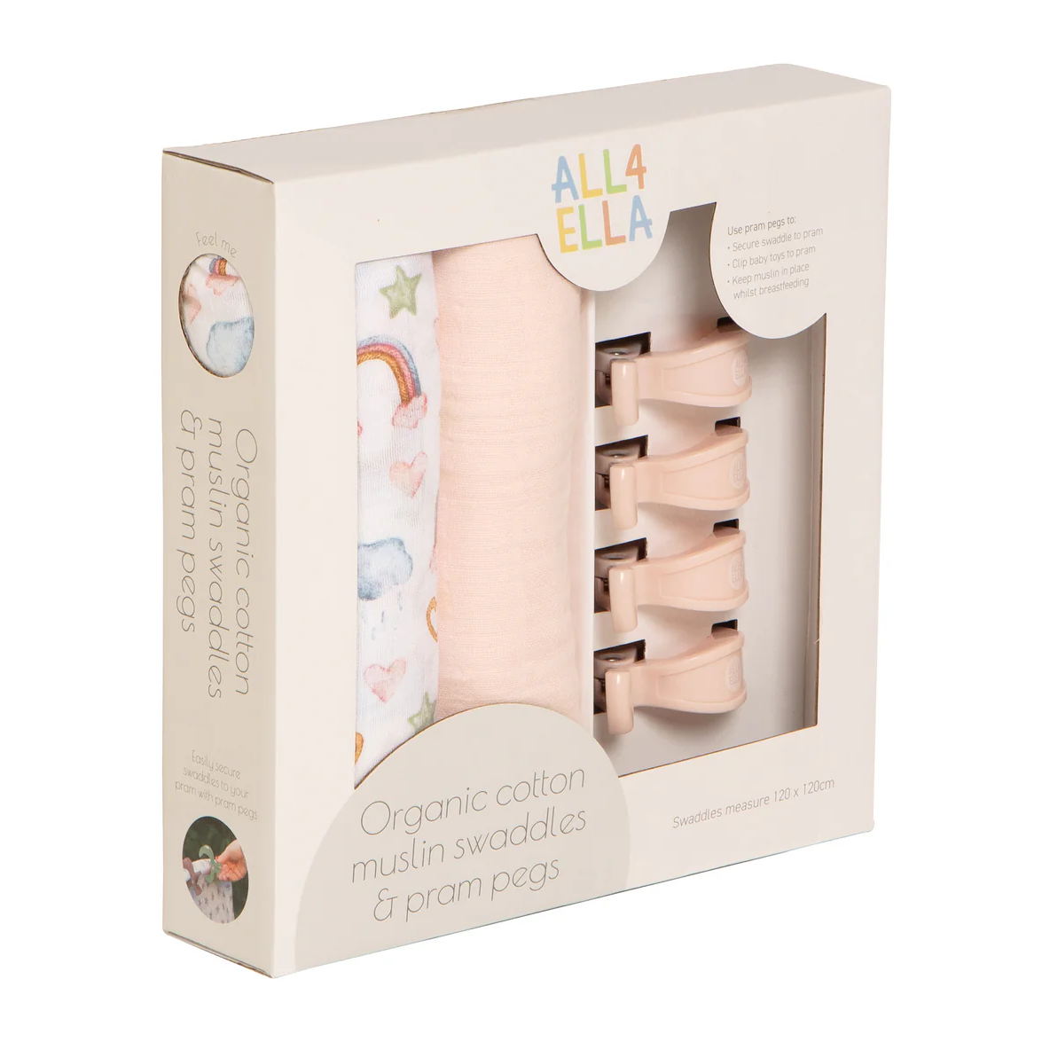 Organic Cotton Muslin Swaddles and Pram Pegs Set - Rainbow Dreams