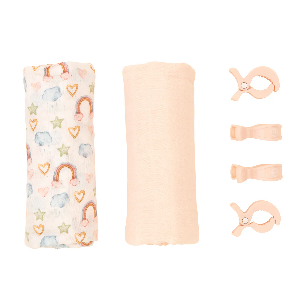 Organic Cotton Muslin Swaddles and Pram Pegs Set - Rainbow Dreams