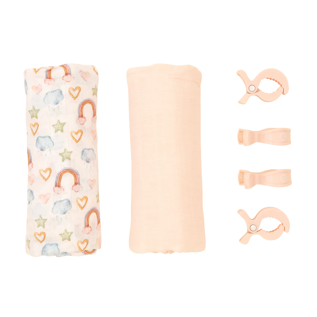 Organic Cotton Muslin Swaddles and Pram Pegs Set - Rainbow Dreams