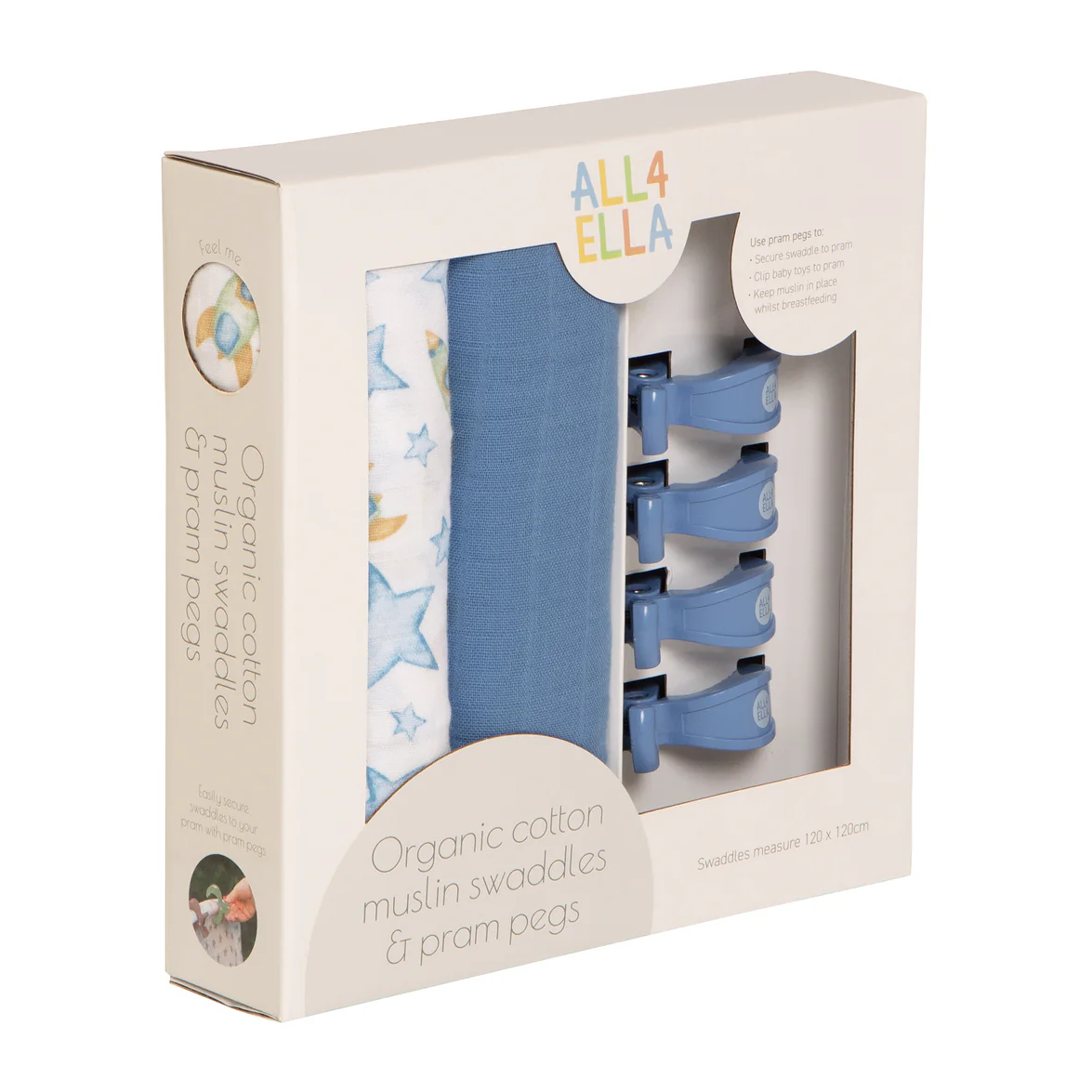 Organic Cotton Muslin Swaddles and Pram Pegs Set - Rocket