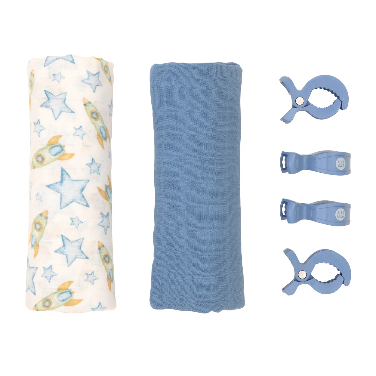 Organic Cotton Muslin Swaddles and Pram Pegs Set - Rocket