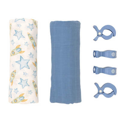 Organic Cotton Muslin Swaddles and Pram Pegs Set - Rocket