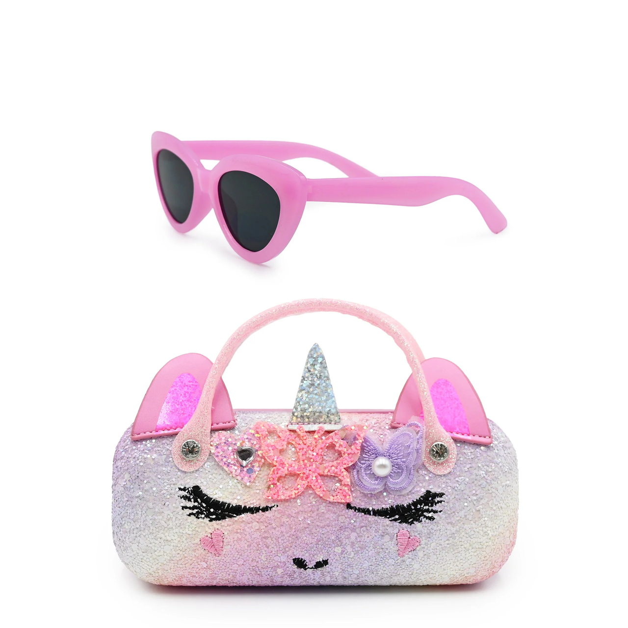 Gwen Flower Heart Crown Glitter Sequin Case & Glasses - Bubble Gum