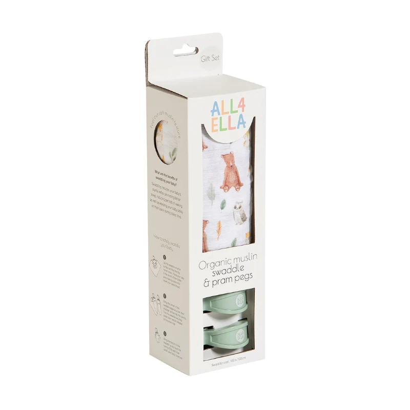Organic Cotton Muslin Swaddle and Pram Pegs Set - Forest Friends