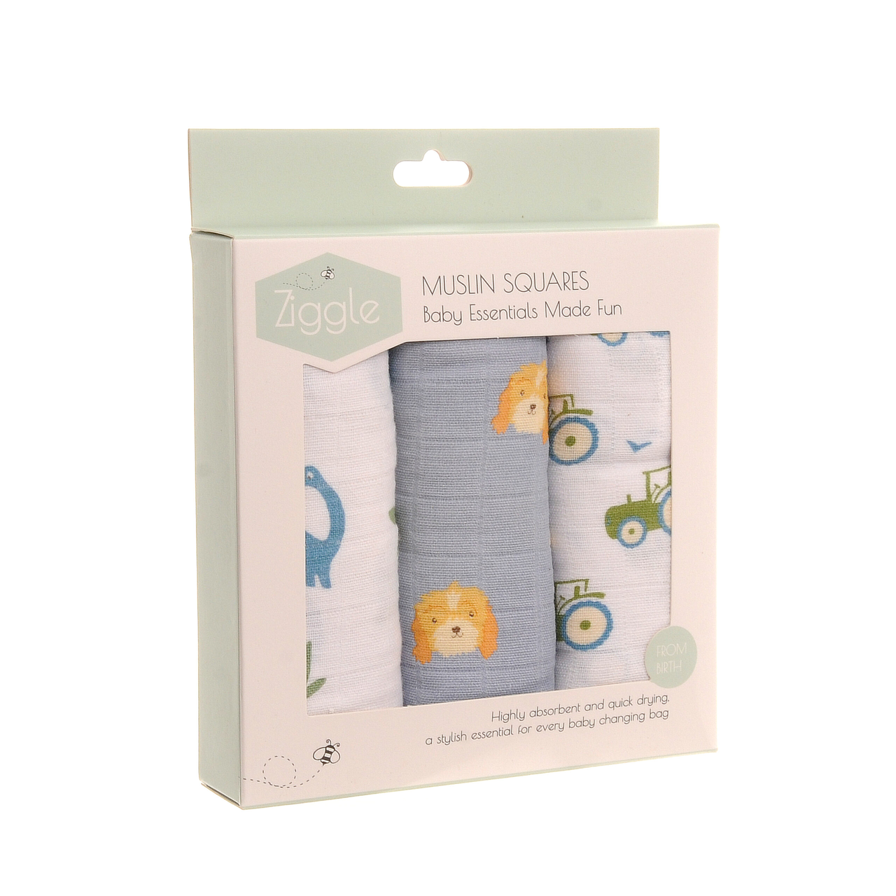 Muslin Squares 3 pack - Pastel Blues (Puppy, Dino & Tractor)