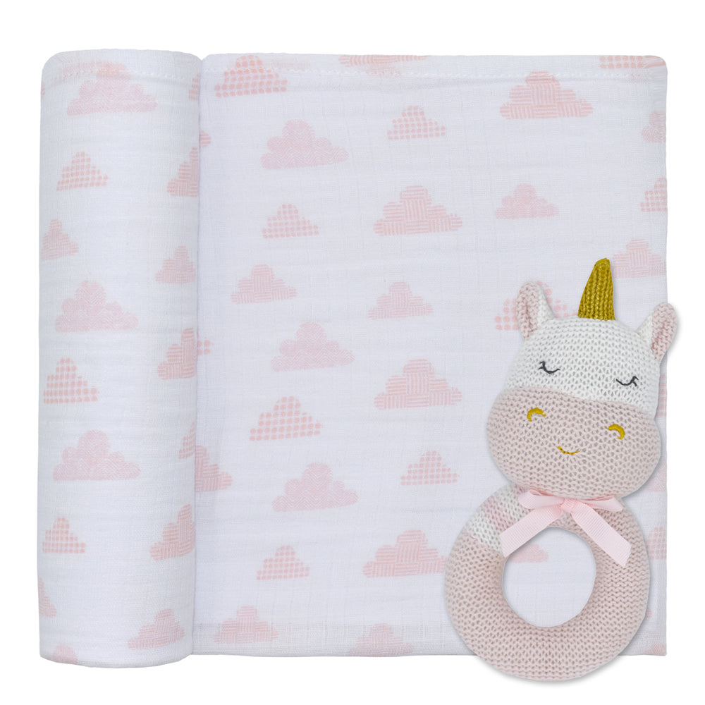 Muslin Swaddle and Rattle
