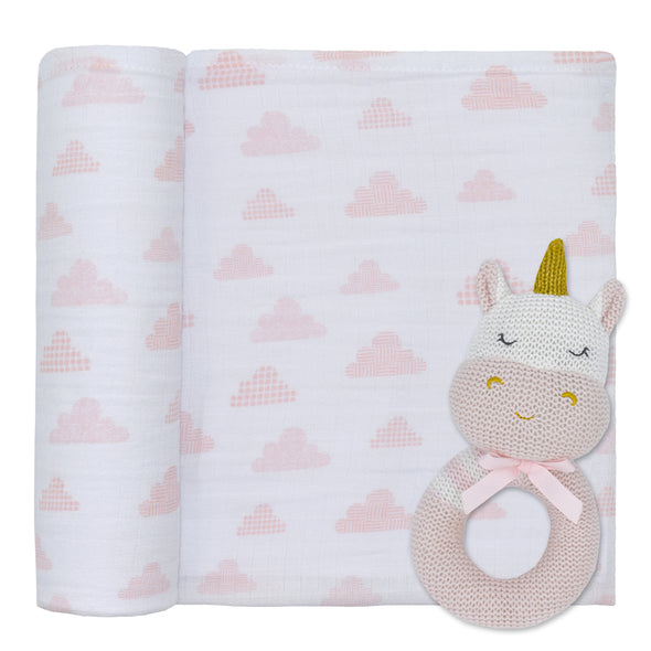 Muslin Swaddle and Rattle