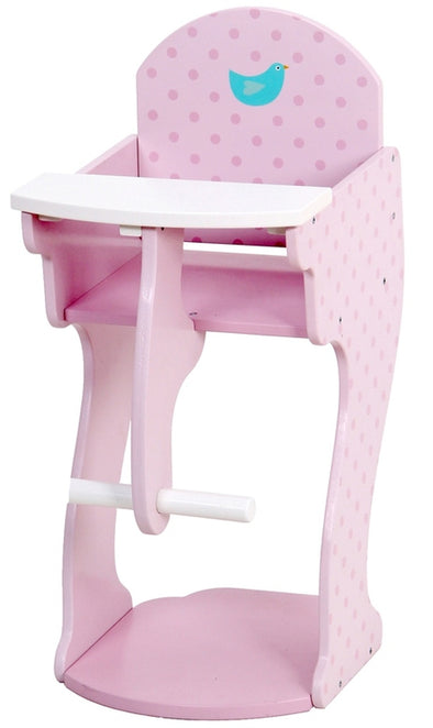 Doll High Chair - pink and white with blue bird print