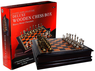 Deluxe Chess Set - Heavy Metal Chess Pieces with 12" Inlaid Wooden Board