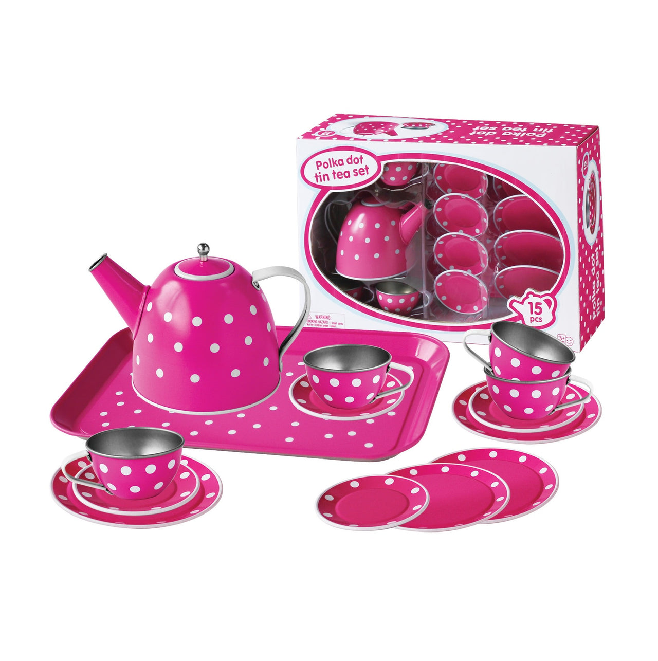 White Polka Dot on Pink Tin Tea Set