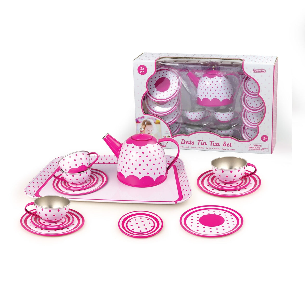 Pink Polka Dot on White Tin Tea Set