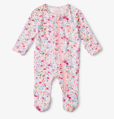 Watercolour Flowers Ruffle Bum Footed Coverall