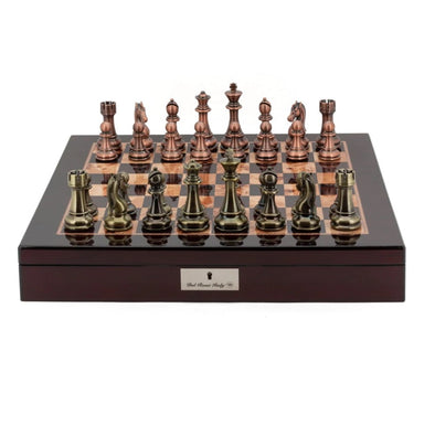 Chess Set Mahogany 20" with Compartments & Bronze/Copper Pieces
